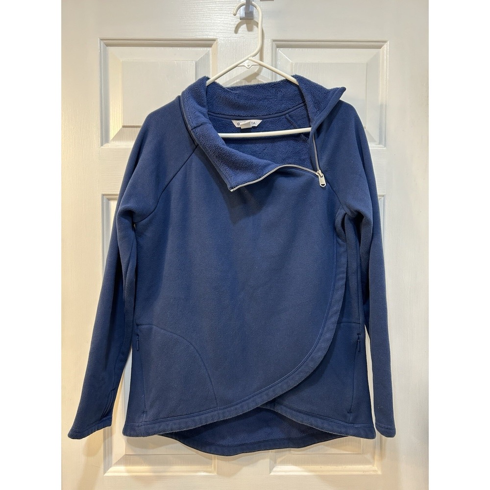Athleta Cozy Karma Asym Pullover‎ Sz M Fleece Enchanted Blue Relaxed Athleisure